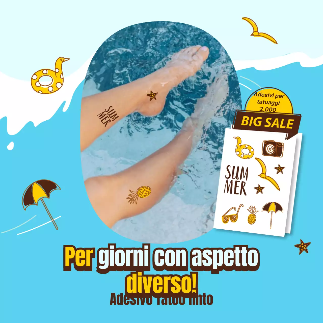 Adesivi per tatuaggi finti con un concetto di illustrazione di un'allegra onda oceanica estiva