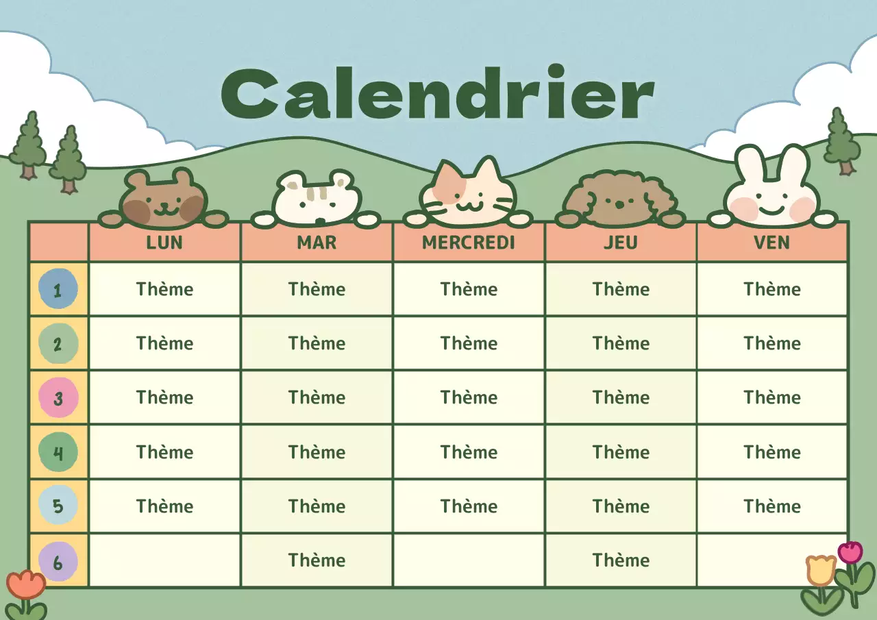 Horaire avec de jolies illustrations en bleu clair et vert