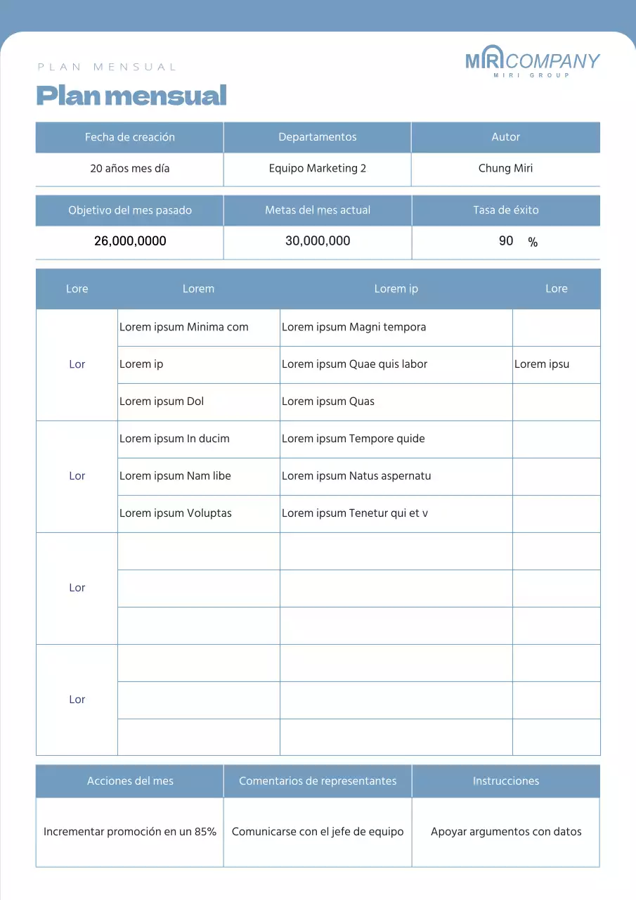 Un plan de trabajo mensual limpio y de color azul