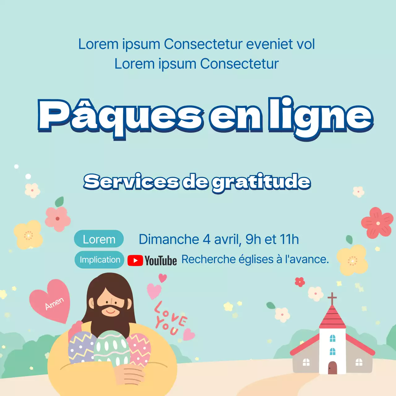 Illustration bleue église mignonne annonce de service de Pâques en ligne