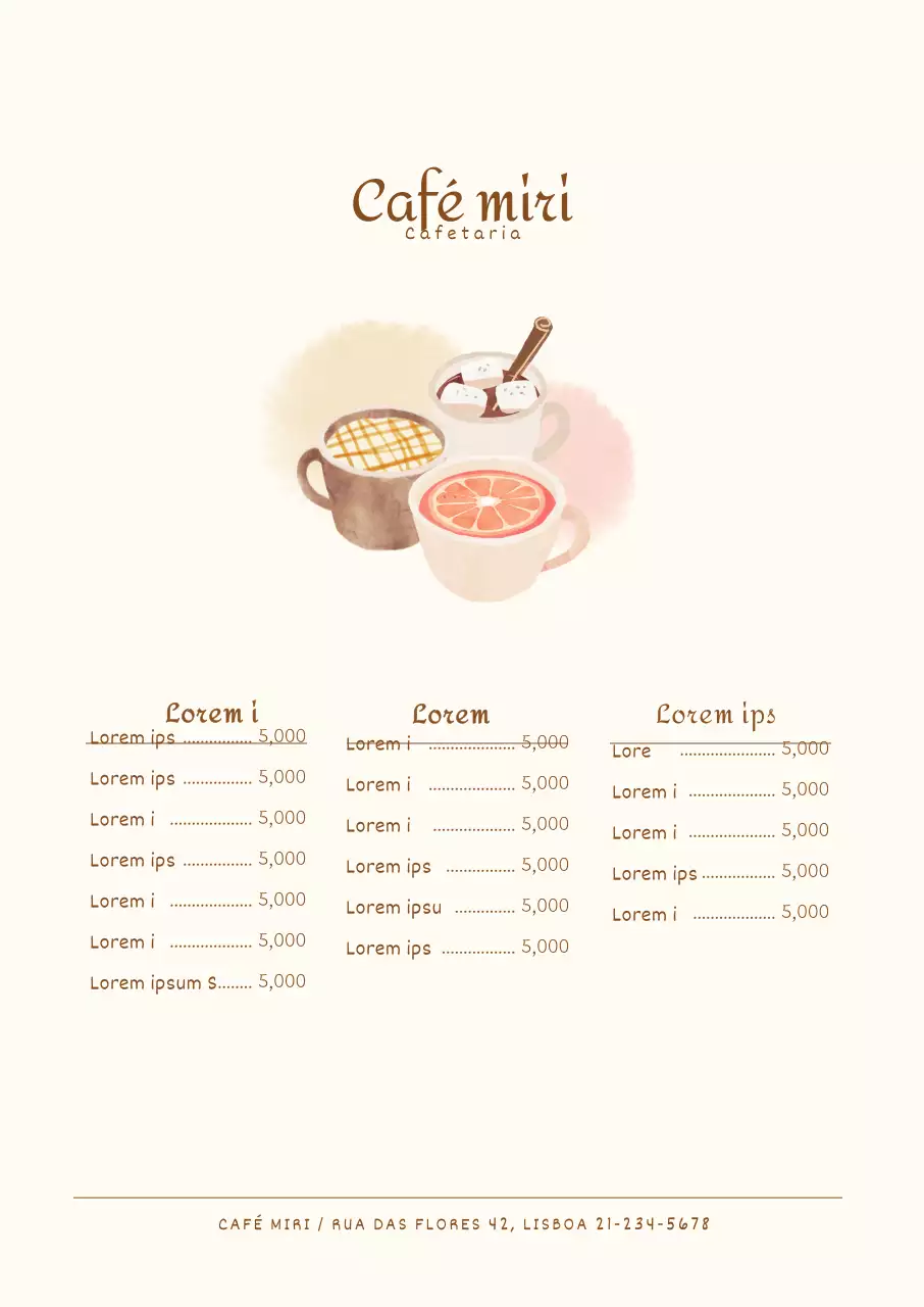 Ementa de café com ilustrações de bebidas em aguarela de marfim
