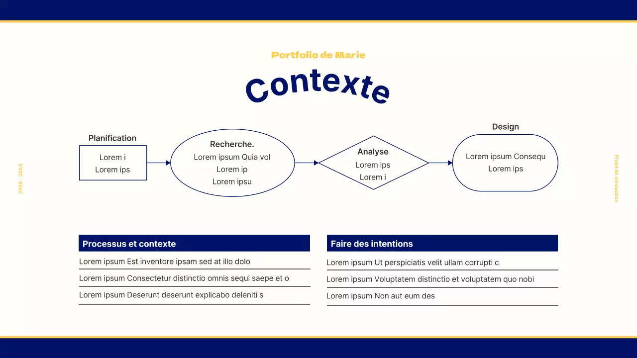 Portfolio de design pour un concept rétro vintage en bleu marine et jaune