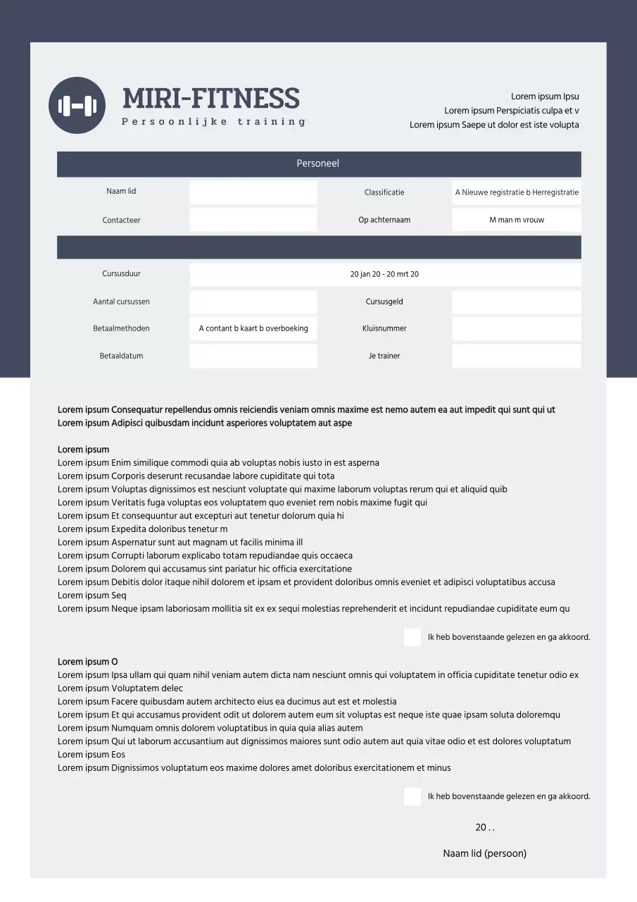 Het grijze aanvraagformulier voor fitnesslidmaatschap