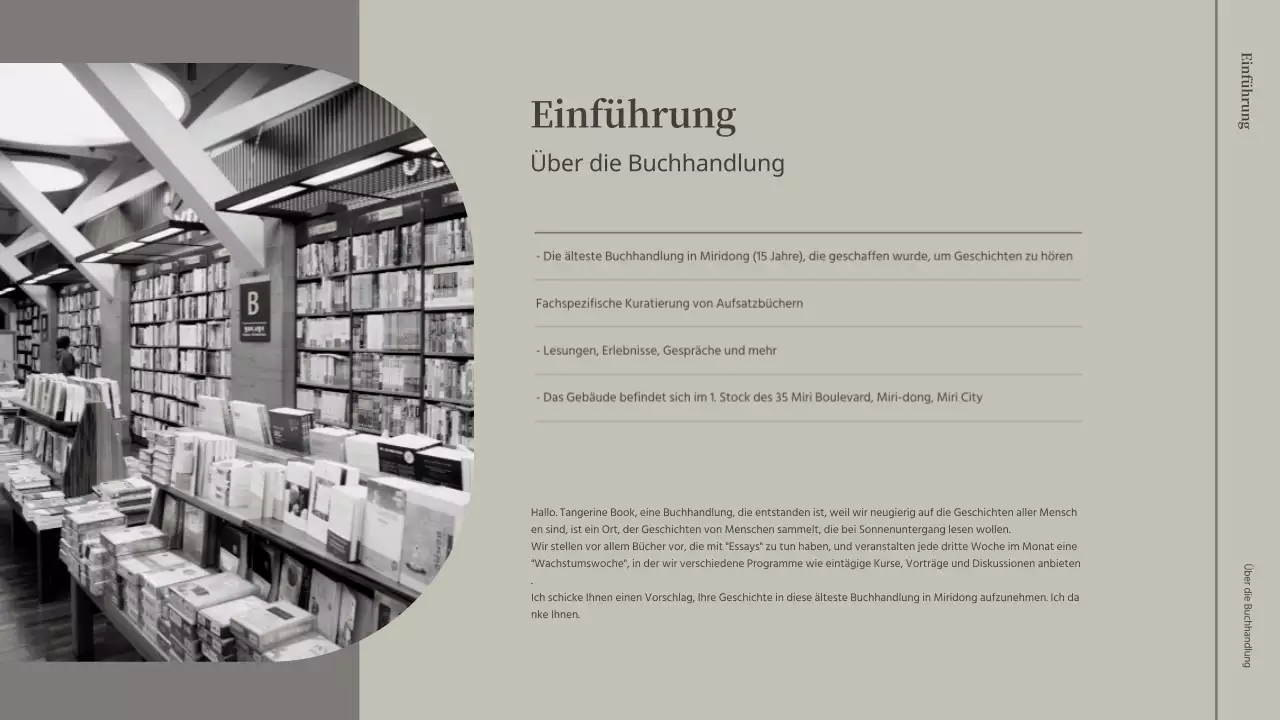 Vorschlag für einen Gastvortrag in einer beige-grauen Buchhandlung