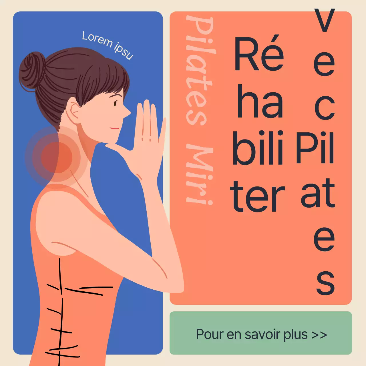 Turtle Neck Pilates Rehabilitation Information en bleu et orange