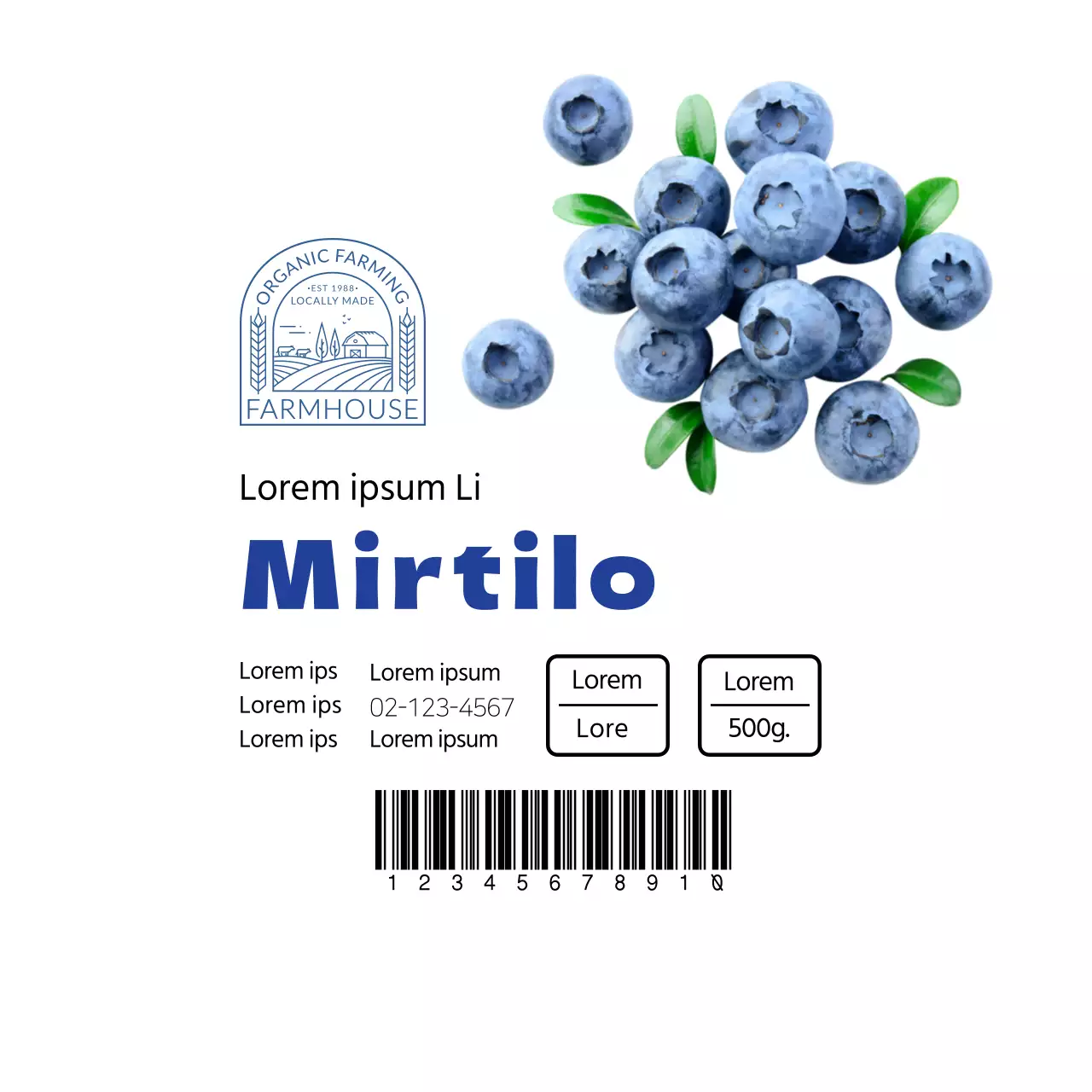 Etiqueta branca de produtos de mirtilo