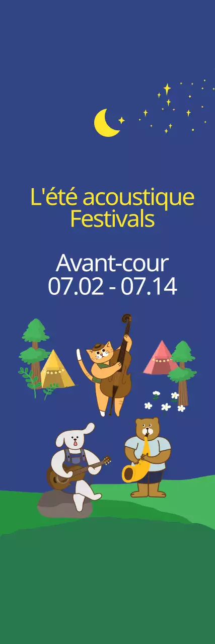 Illustration mignonne en bleu marine foncé et jaune pour l'information et la promotion des festivals acoustiques d'été.