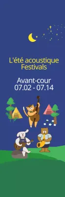 Illustration mignonne en bleu marine foncé et jaune pour l'information et la promotion des festivals acoustiques d'été.