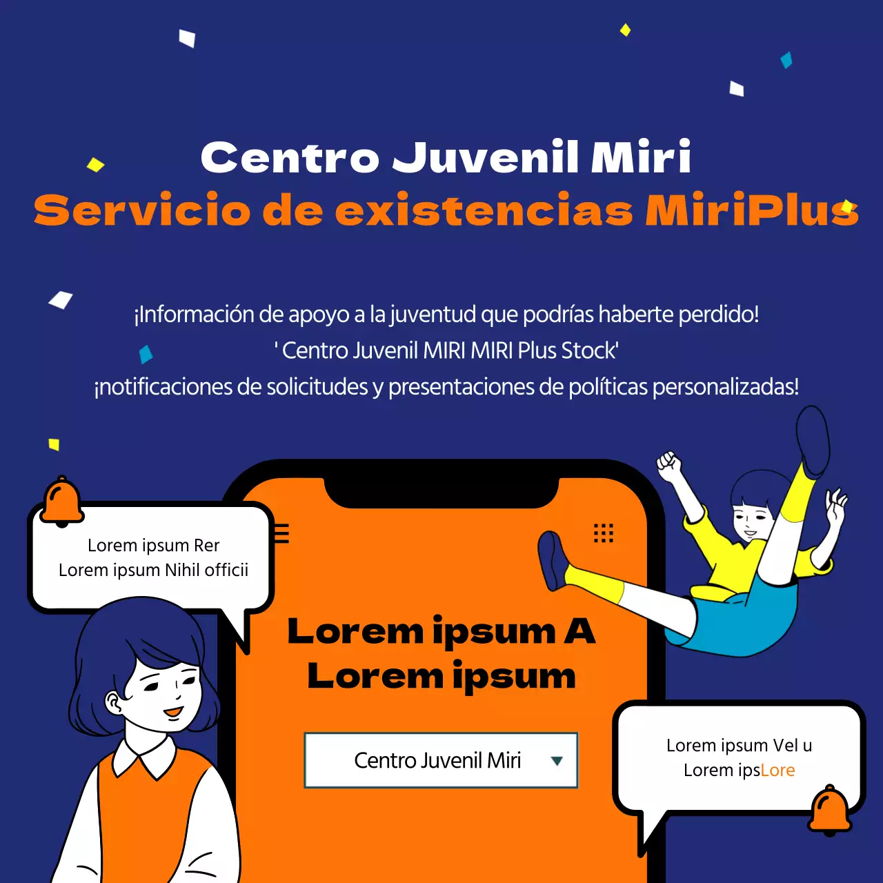 Inscríbete para recibir notificaciones sobre información relativa a la política de apoyo a los jóvenes con cómicas y divertidas ilustraciones en naranja y azul marino.