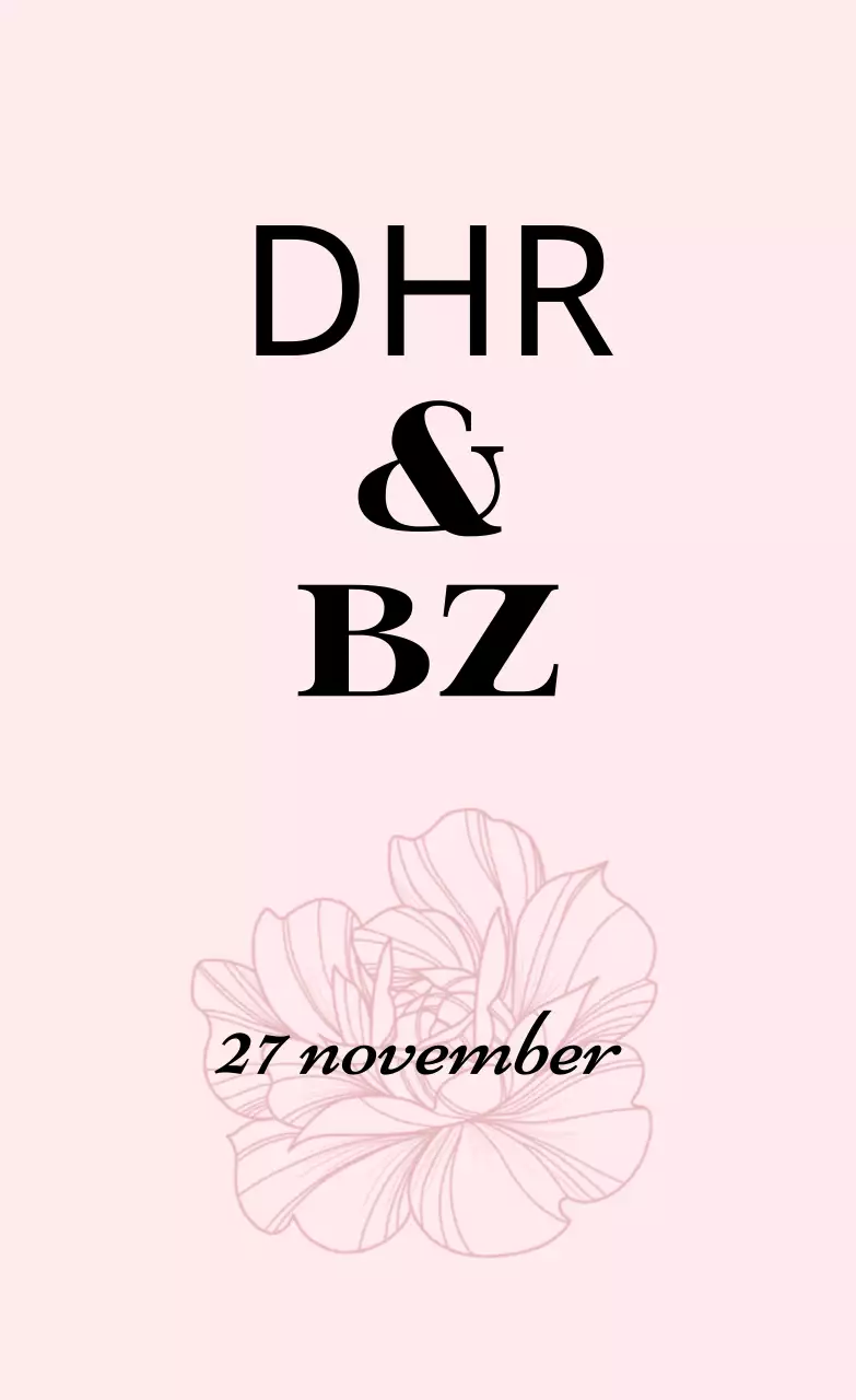 Promoot een eenvoudige huwelijksuitnodiging met lichtroze en zwarte tekst en bloemenillustraties