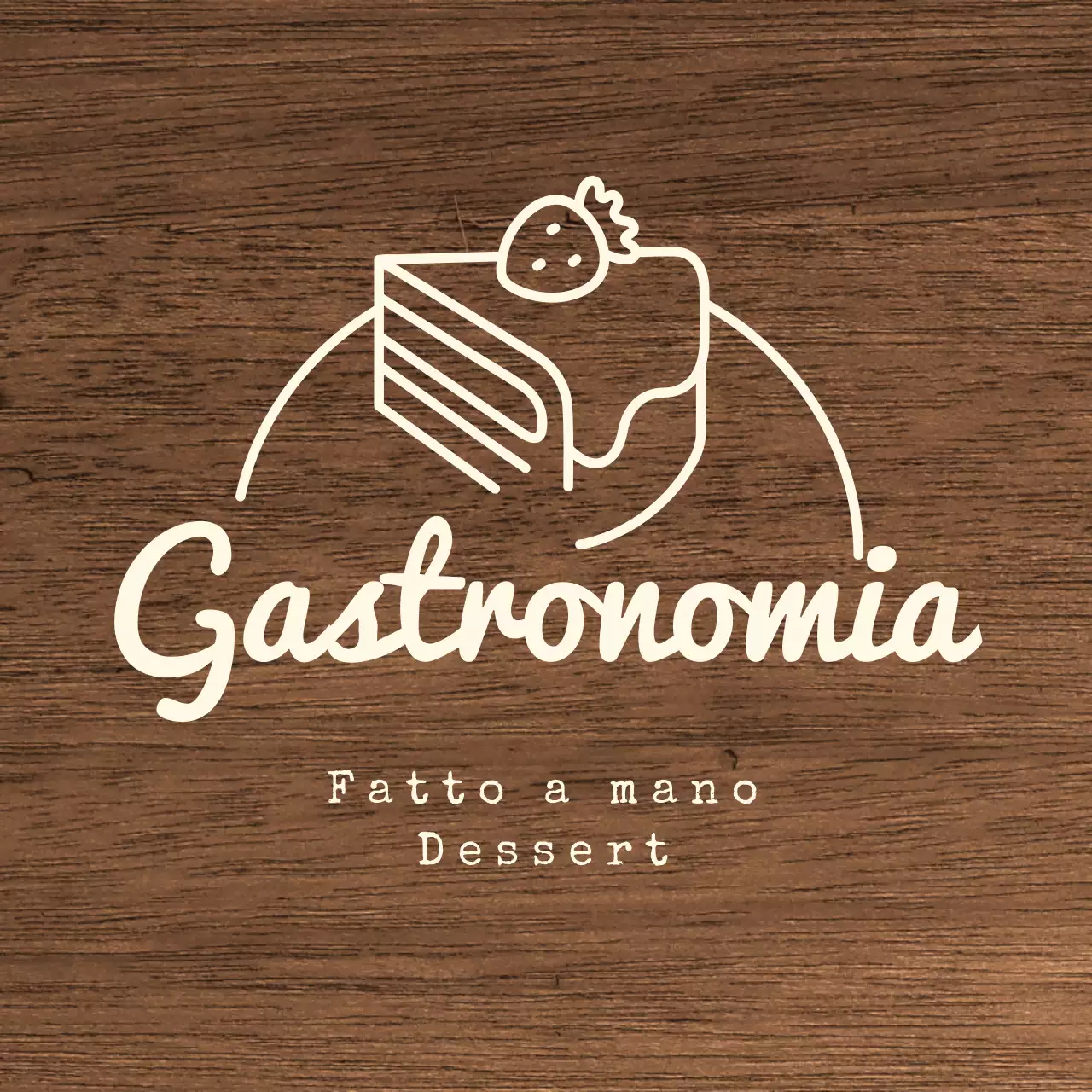 Insegna di un bar per dolci con testo in avorio e illustrazione della linea della torta