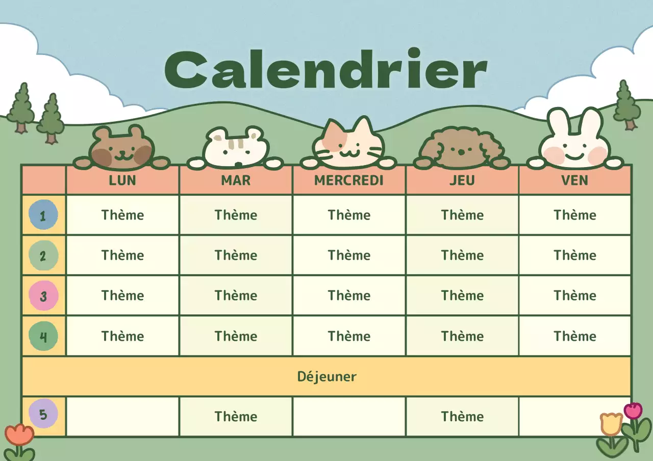 Horaire avec de jolies illustrations en bleu clair et vert