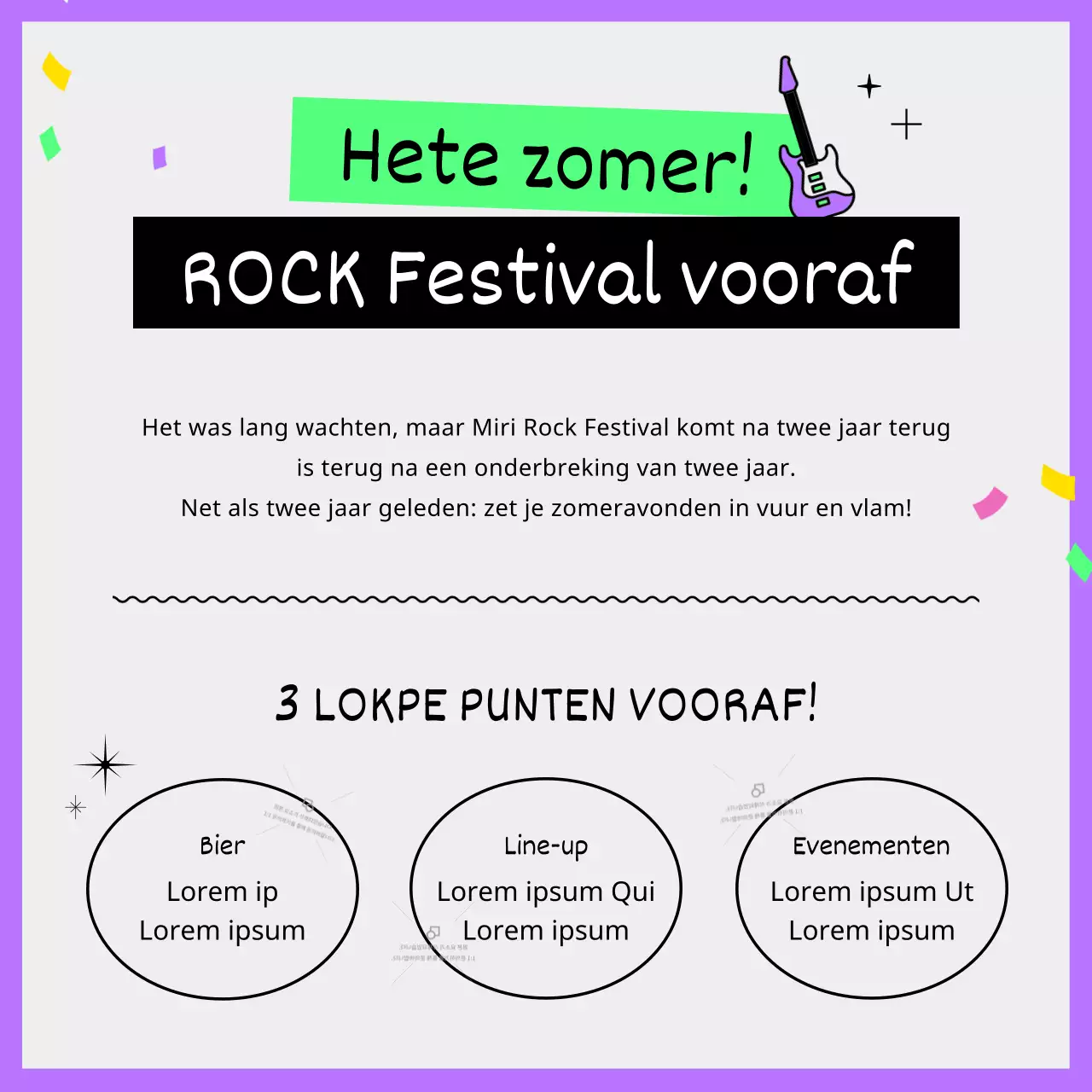 Zomerse festivalgids voor rockbands met vette, schattige en unieke illustraties in paars en fluorescerend chartreuse.