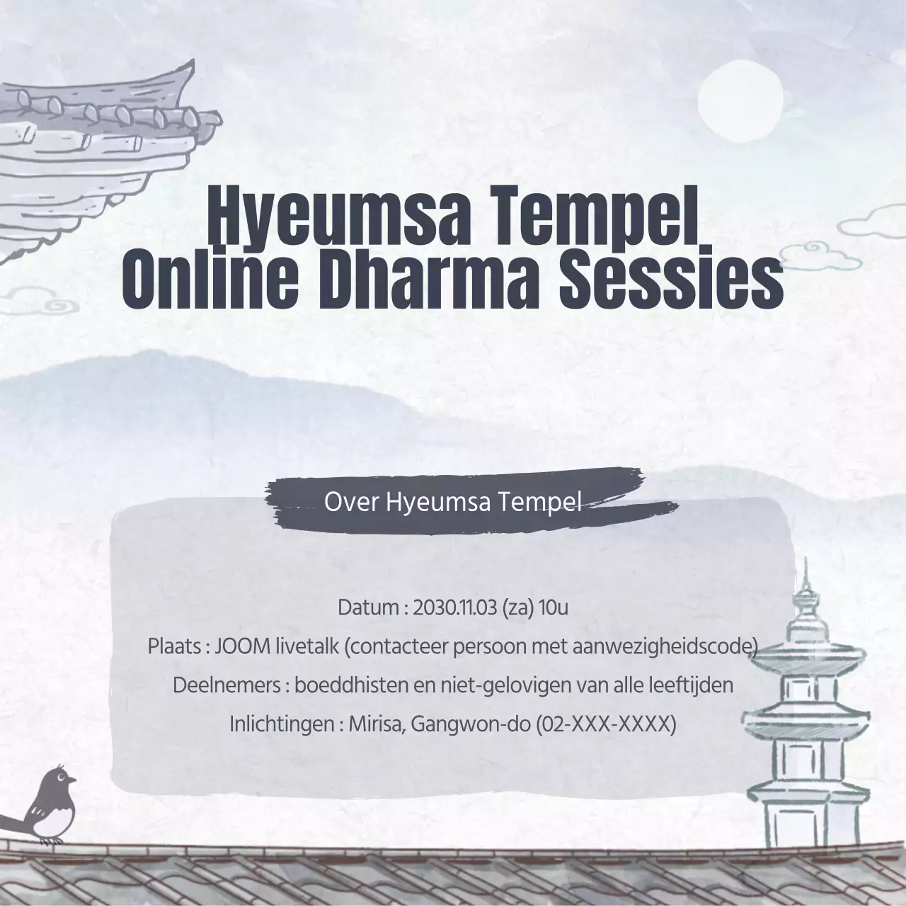 Grijs Traditioneel Concept Online Dharma Sessie Kennisgeving