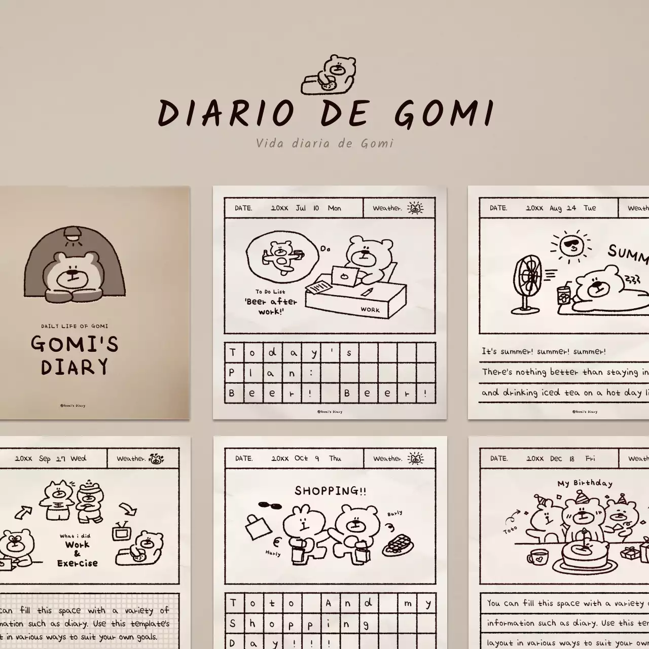 Lindo oso pardo ilustración diario paquete de paquetes