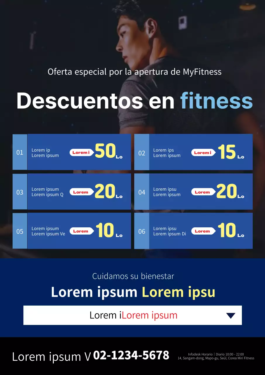 Cartel promocional de gimnasio, azul y cuadrado