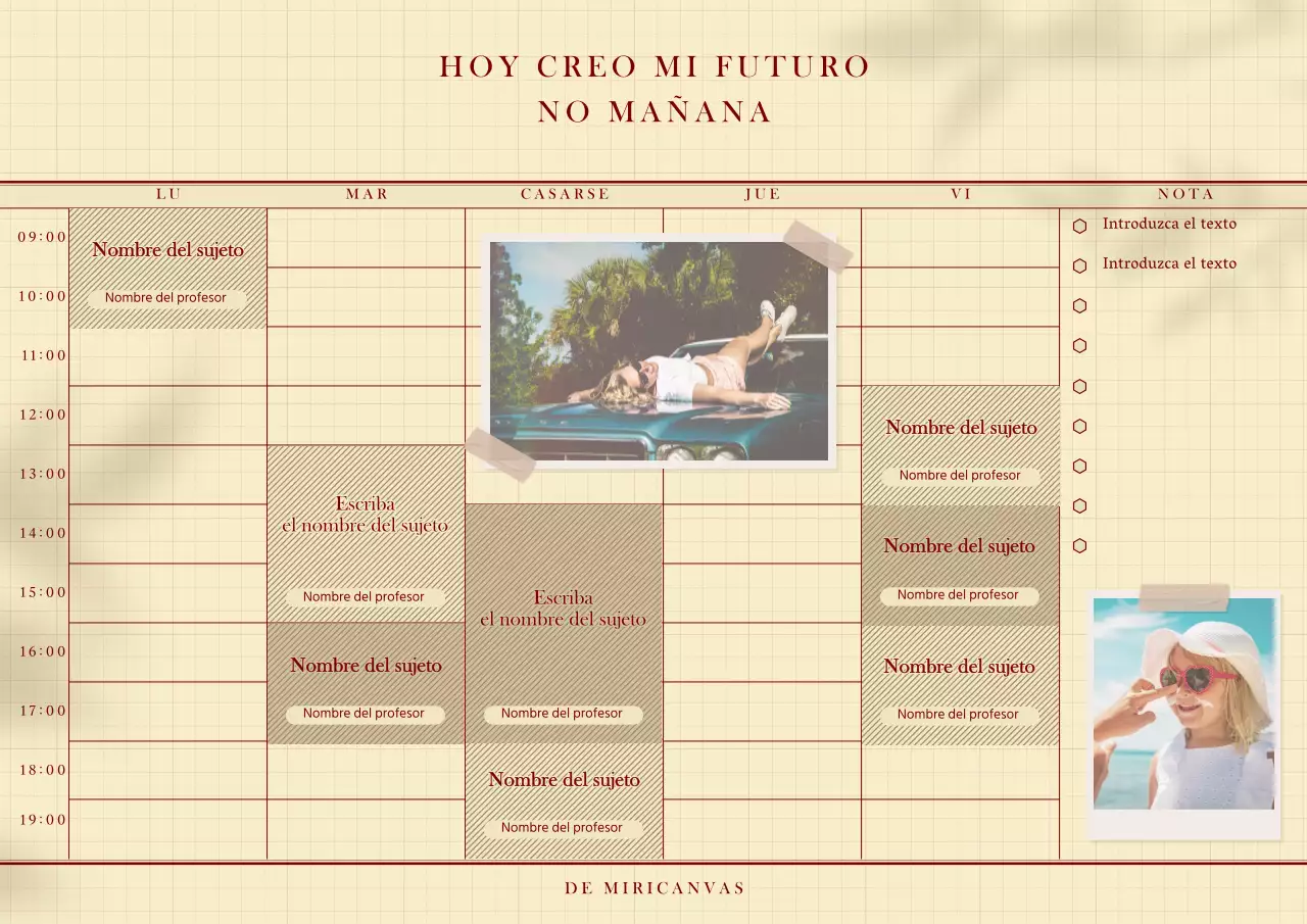 Monóculo de color beige vintage Horario universitario