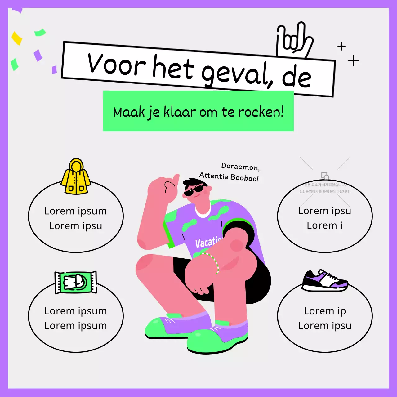 Zomerse festivalgids voor rockbands met vette, schattige en unieke illustraties in paars en fluorescerend chartreuse.