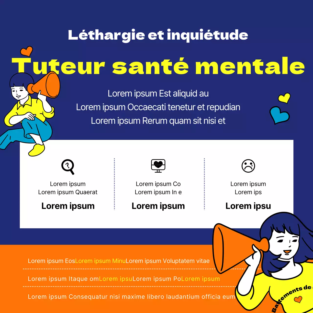 S'inscrire pour recevoir des notifications sur les informations relatives à la politique de soutien à la jeunesse avec des illustrations comiques et ludiques de couleur orange et bleu marine.
