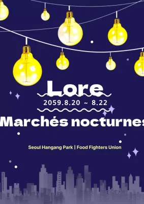 Promouvoir un marché de nuit avec des ampoules bleu marine et jaunes et une illustration d'une ville de nuit.