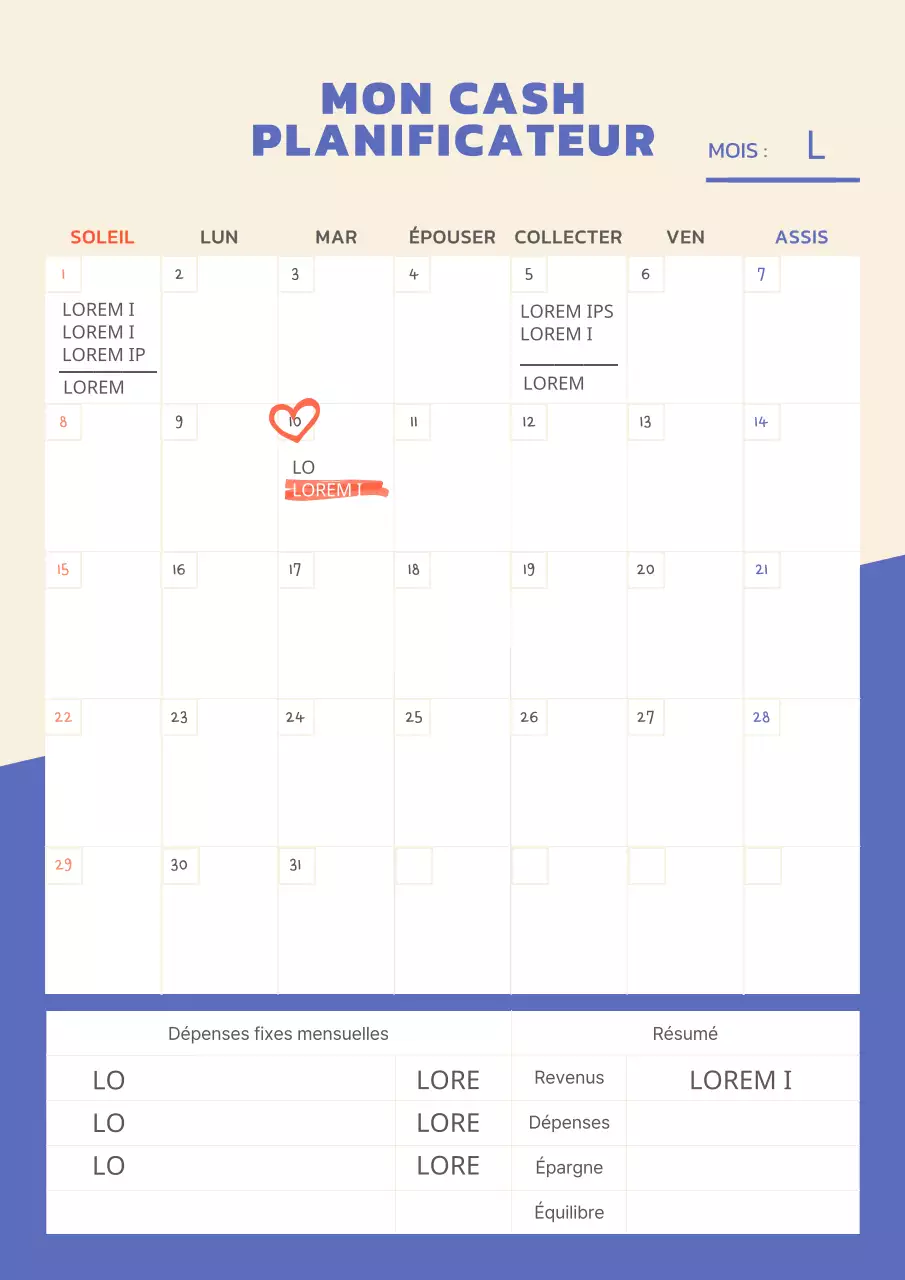 Liste simple des dépenses mensuelles avec des titres bleus et rouges