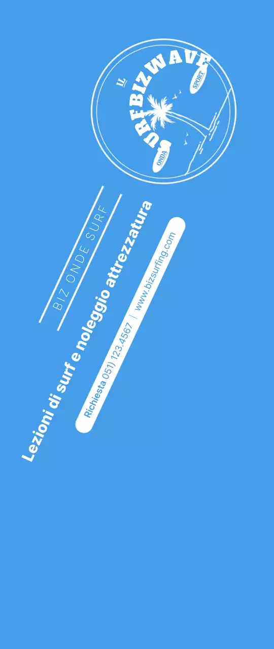 Un semplice logo blu e giallo con l'emblema del surf per promuovere il negozio.