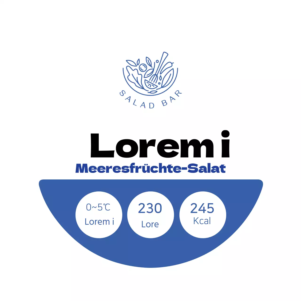 Weißes und blaues Etikett für sauberen Meeresfrüchtesalat