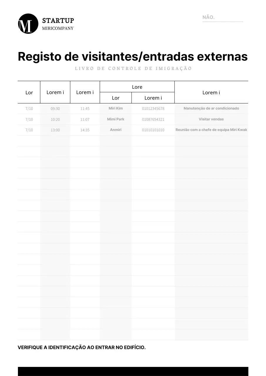 Modelo de documento de registo de acesso/saída de pessoas estranhas preto e cinzento
