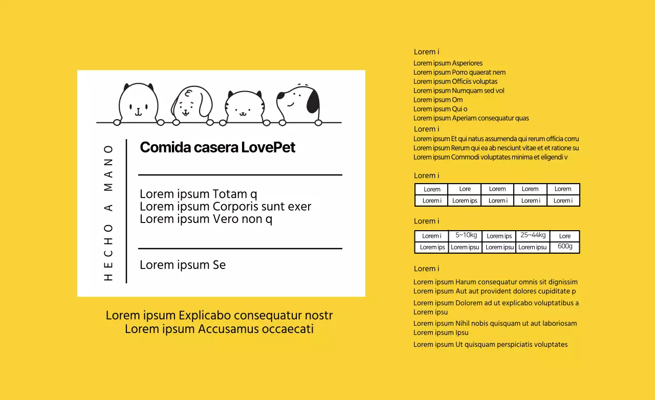 Etiquetas de texto amarillas para alimentos para mascotas