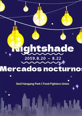 Promociona un mercado nocturno con bombillas azul marino y amarillo y una ilustración de una ciudad de noche