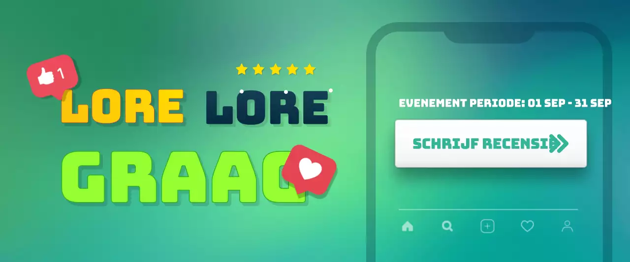 Review evenement promotie banner horizontale rechthoek met een fris groen en geel kleurenschema en een focus op titels