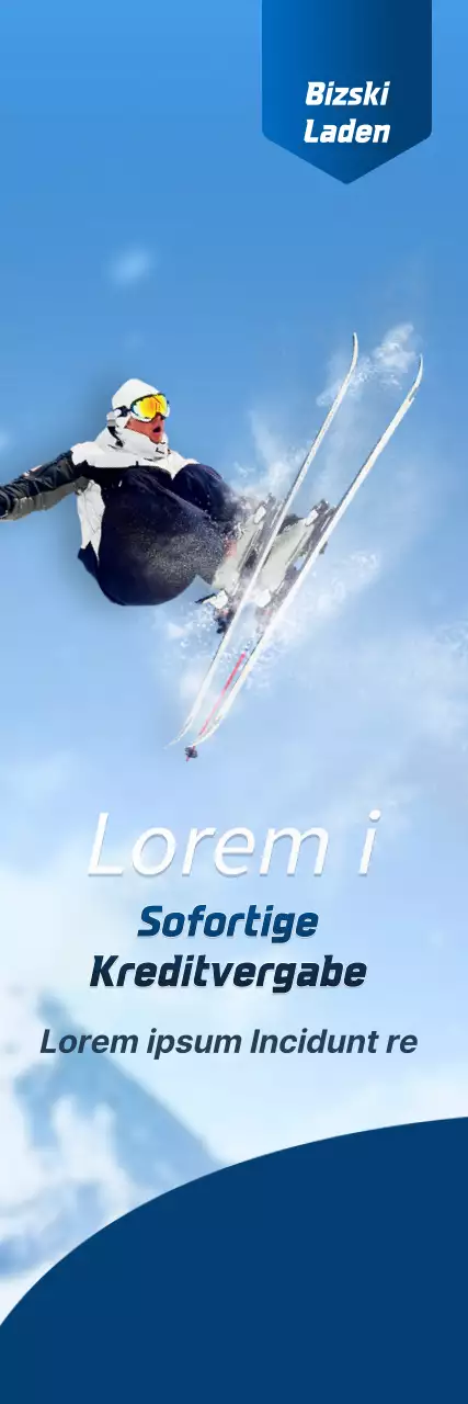 Ein Skigeschäft mit einem einfachen Konzept in Marineblau und Weiß zur Information und Werbung für das Geschäft.