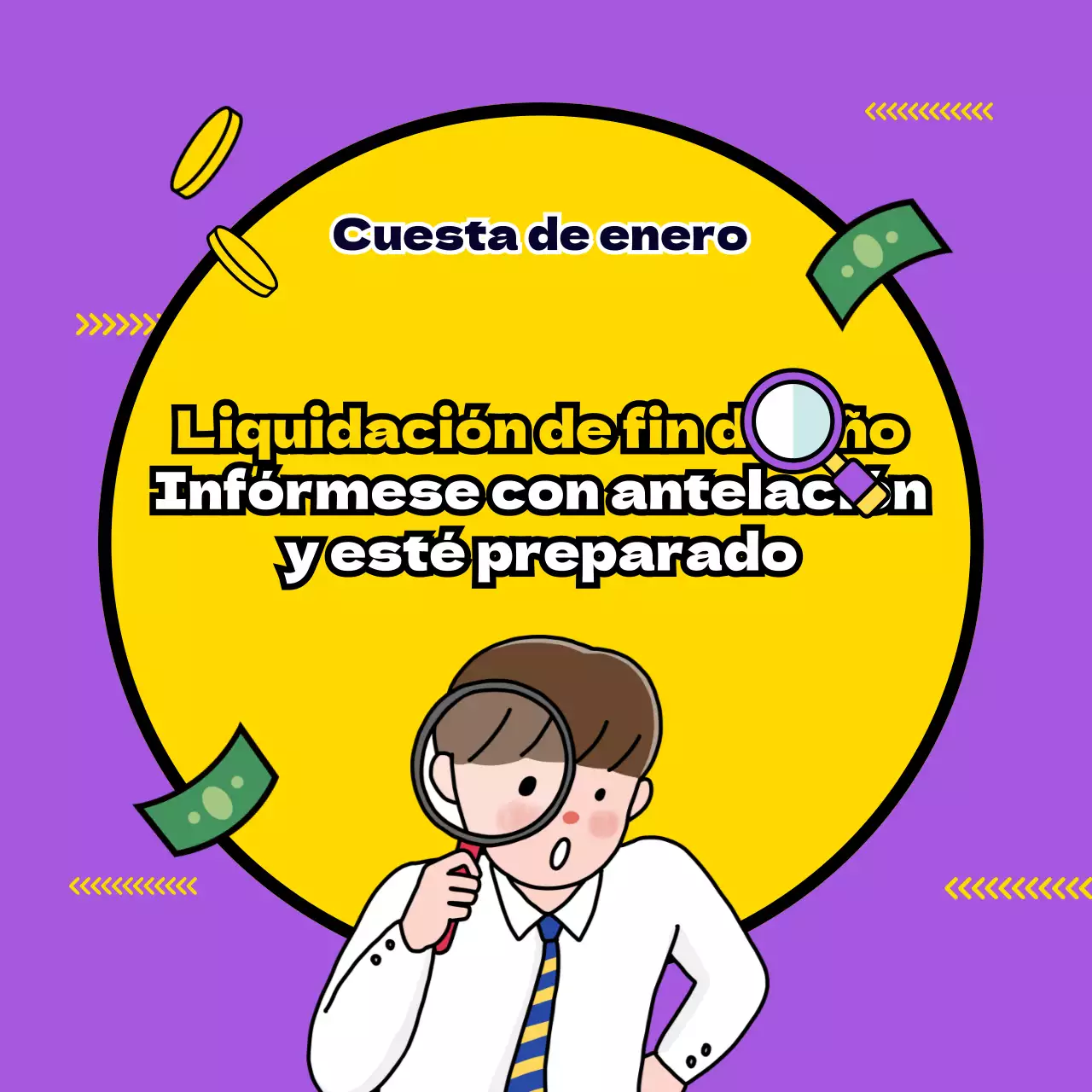 Reconciliación de fin de año con simpáticas ilustraciones en morado y amarillo