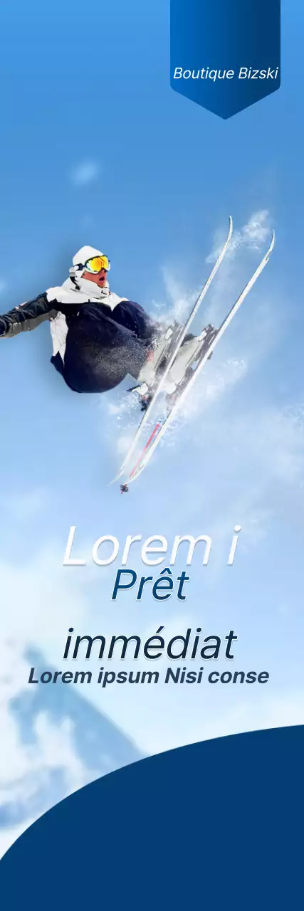 Un magasin de ski avec un concept simple en bleu marine et blanc pour l'information et la promotion du magasin.