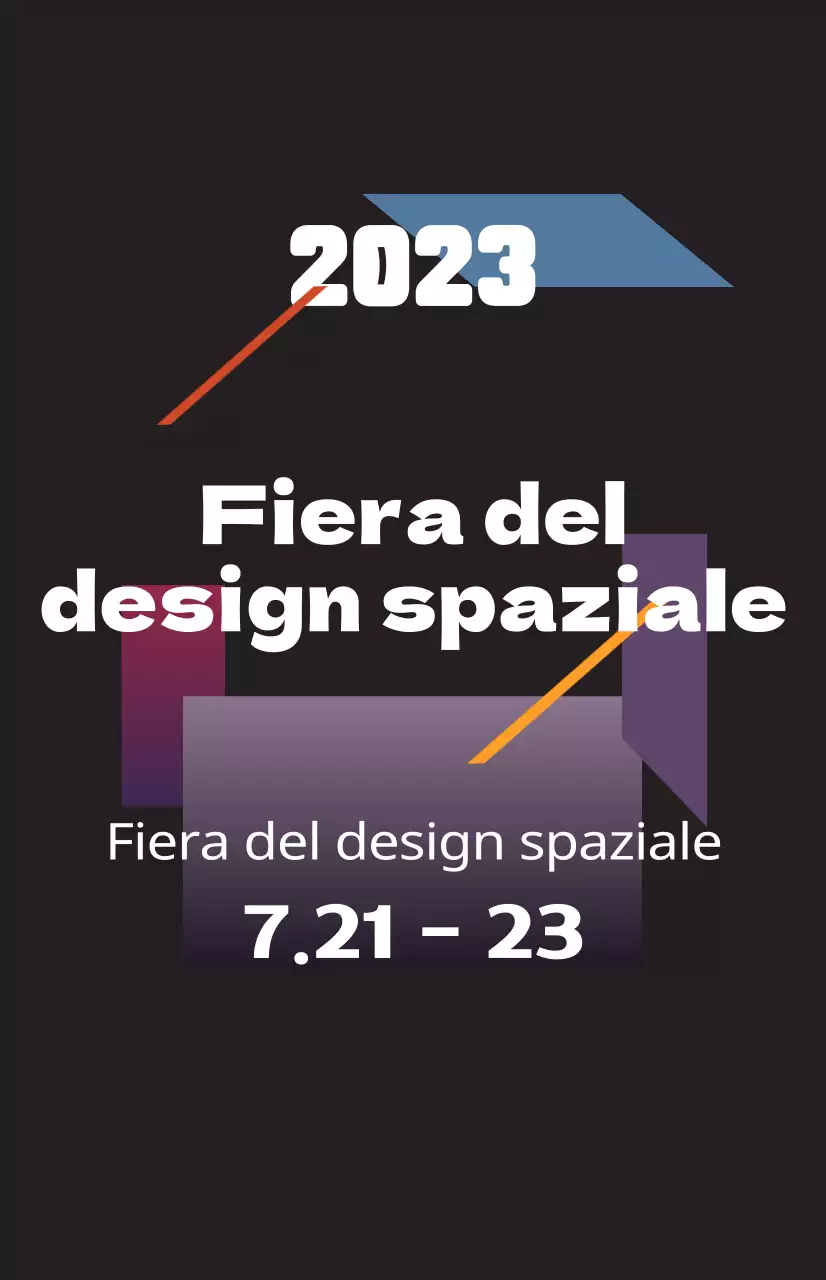Promuovere una fiera del design spaziale con illustrazioni colorate di forme e testi.