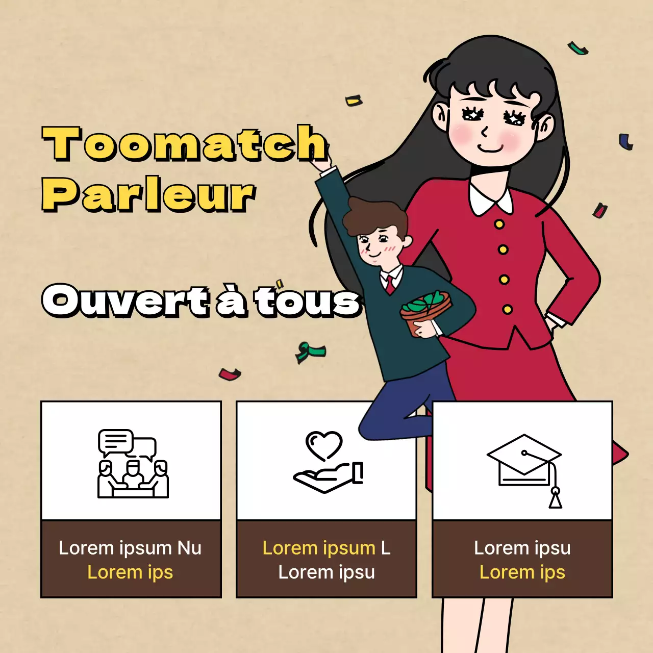 Un appel à candidatures pour un club avec des illustrations rétro, vintage, comiques et sensibles en marron et beige.