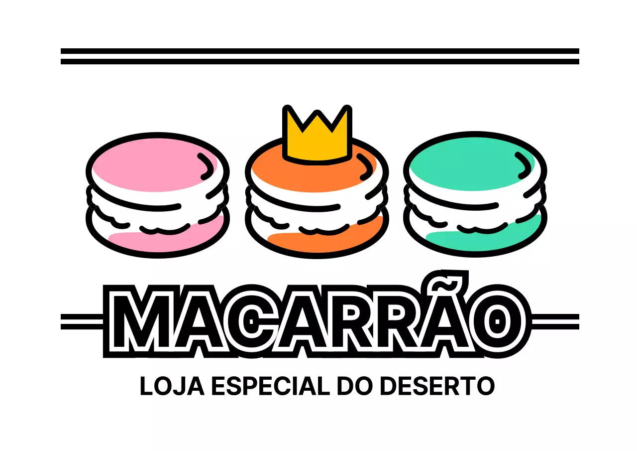 Promover uma loja de sobremesas com uma ilustração de macarons em preto e cores acentuadas