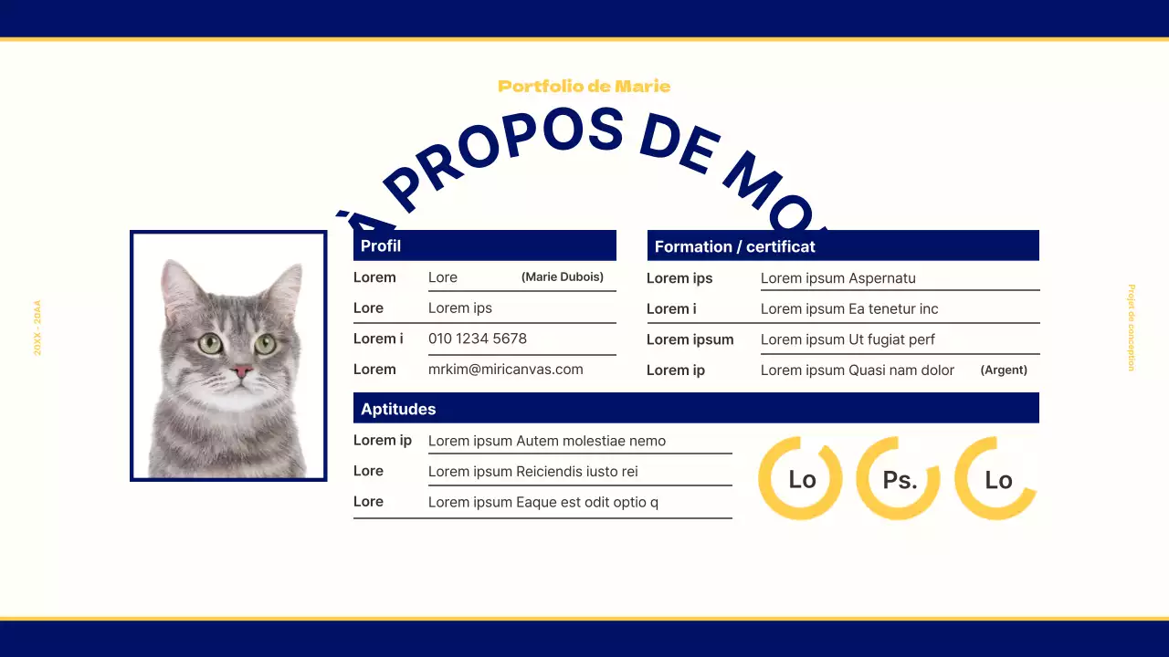 Portfolio de design pour un concept rétro vintage en bleu marine et jaune