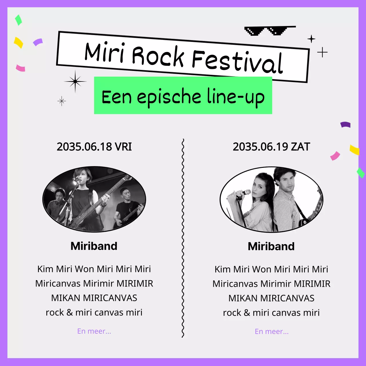 Zomerse festivalgids voor rockbands met vette, schattige en unieke illustraties in paars en fluorescerend chartreuse.