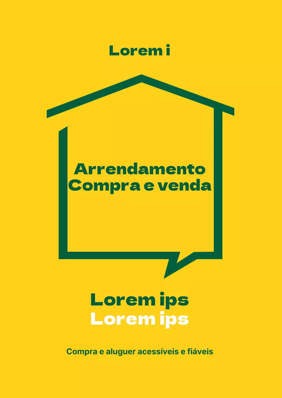 Peça promocional simples com ilustração e texto de uma casa amarela e verde