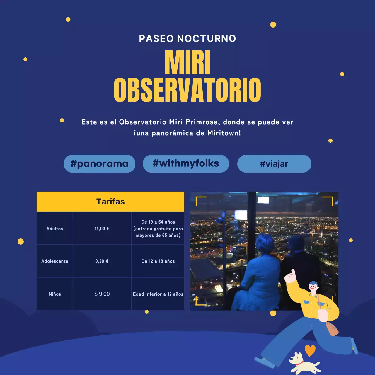 Guía de atracciones nocturnas azul marino y amarillo