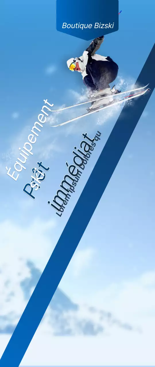 Un magasin de ski avec un concept simple en bleu marine et blanc pour l'information et la promotion du magasin.