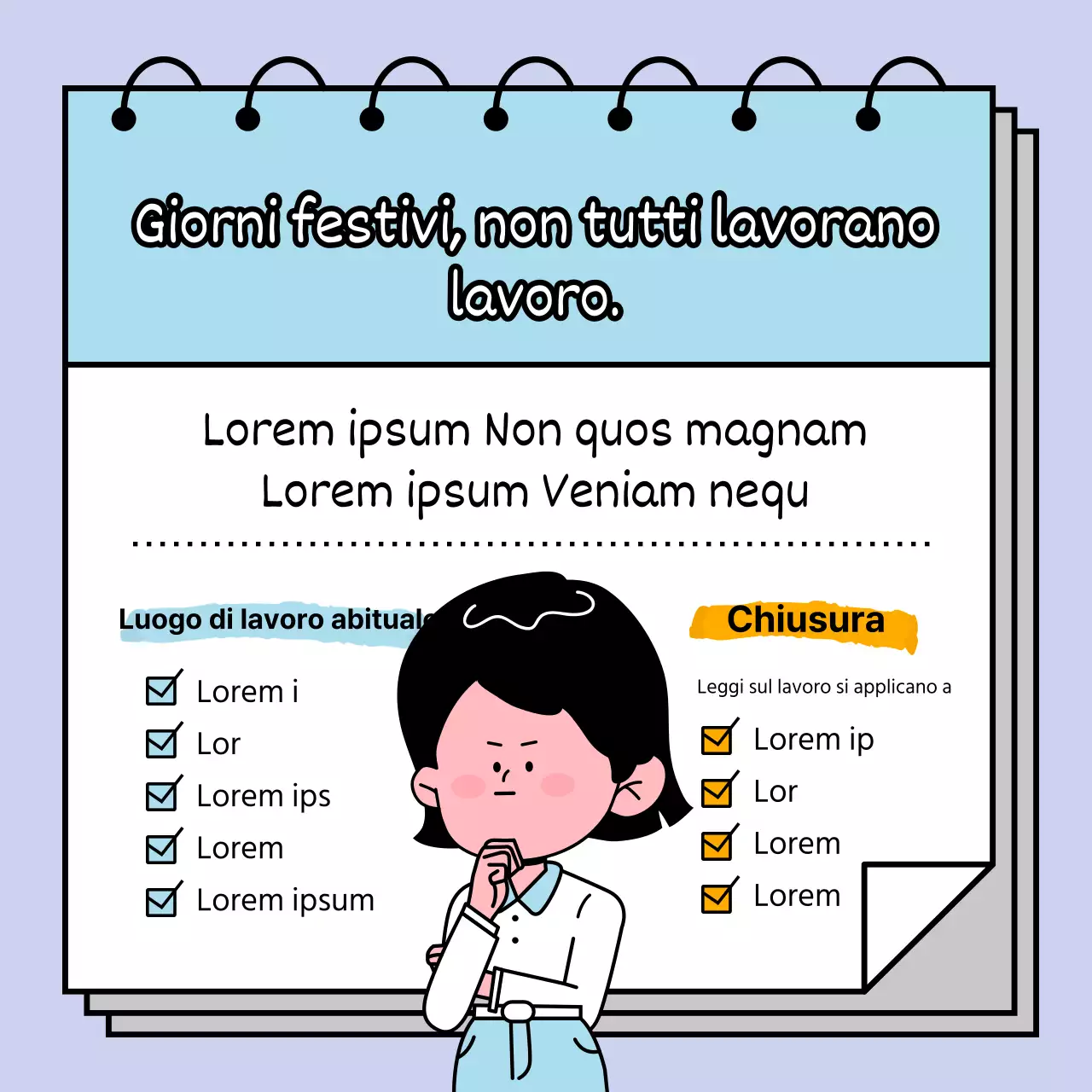 Imparate le curiosità sui giorni festivi con un personaggio femminile spumeggiante e dai colori pastello