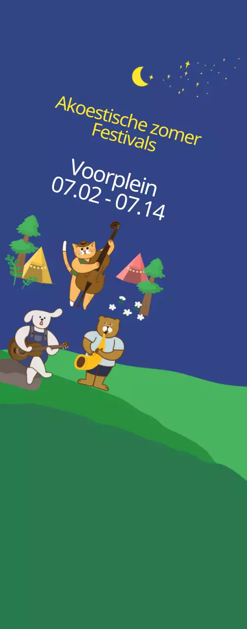Schattige illustratiestijl in donker marineblauw en geel voor informatie en promotie van akoestische zomerfestivals
