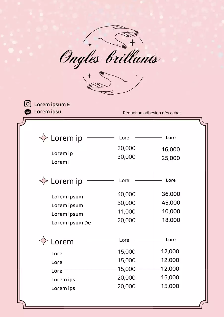 Menu propre d'un salon de manucure avec illustrations roses