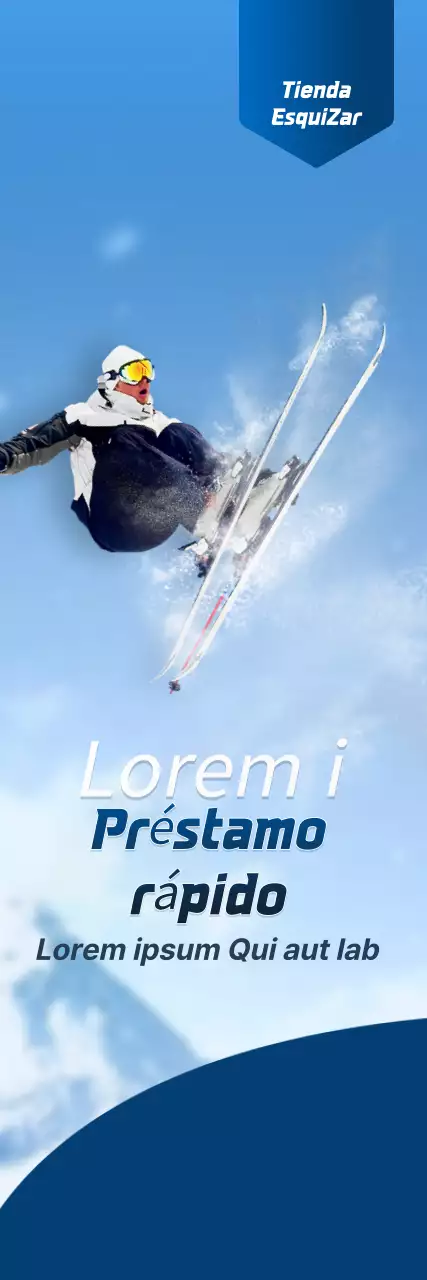 Una tienda de esquí con un concepto sencillo en azul marino y blanco para información y promoción de la tienda.