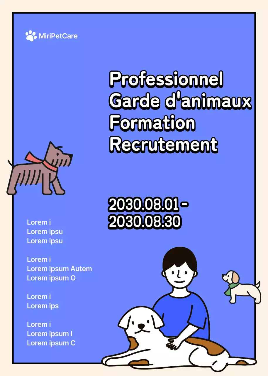 Recrutement pour une formation de garde d'animaux de compagnie avec un concept d'illustration d'un personnage aux tons bleus