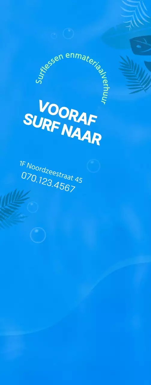 Eenvoudige oceaanillustratie in blauw en chartreuse voor informatie en promotie over surfen