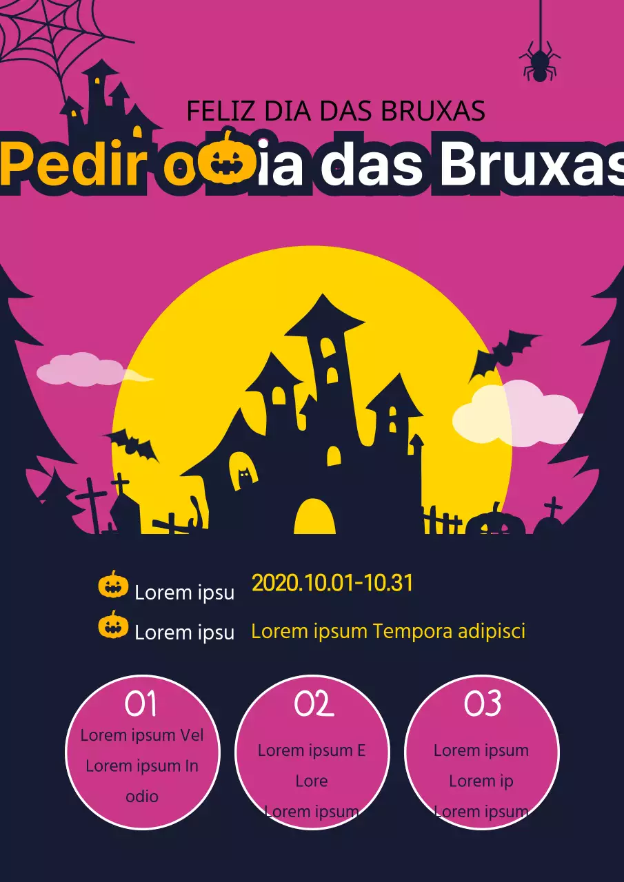 Promova as suas vendas de Halloween com um conceito giro que apresenta uma ilustração do castelo de uma bruxa roxa