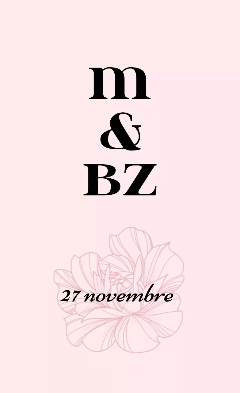 Promouvoir une invitation de mariage simple avec un texte rose clair et noir et des illustrations florales.